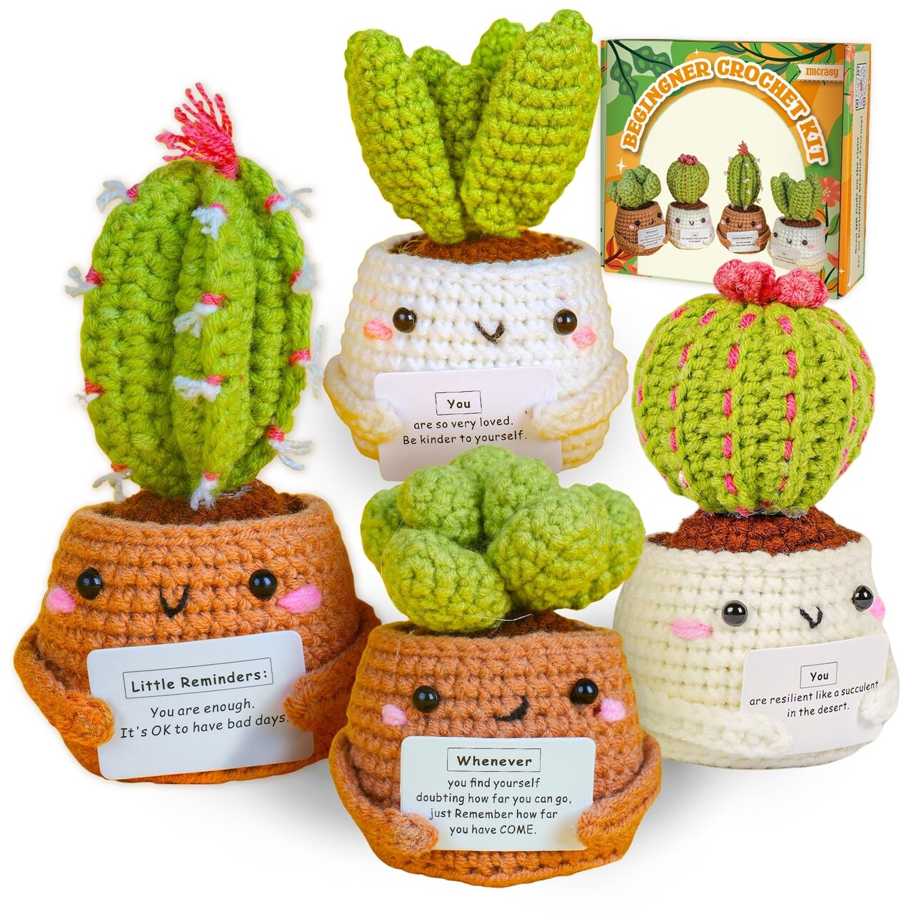 Imcrasy Beginner Emotional Support Succulent Crochet Kit with Step by Step Video Lessons | 4 PC Succulent Crochet Kit with Accessories (40%+ Yarn)